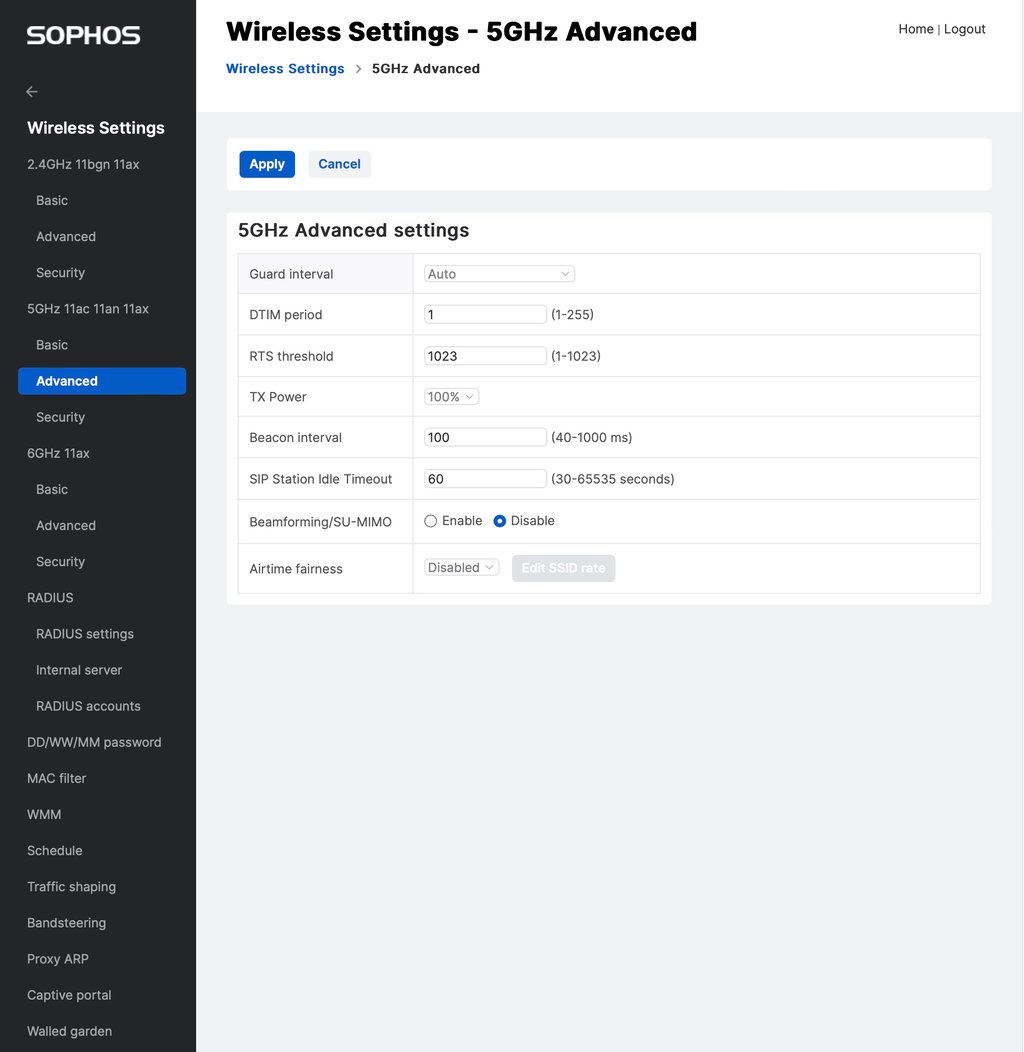 Interface web Sophos AP6 - Paramètres sans fil