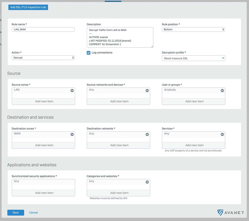 Sophos SFOS v18 SSL TLS Inspection Rule
