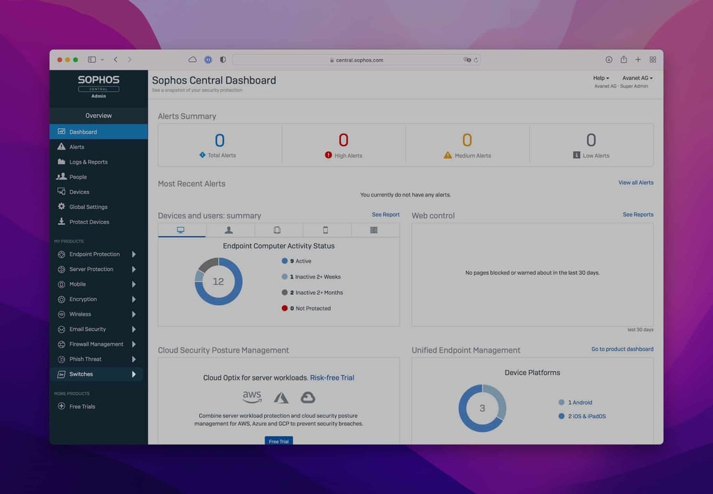 Sophos Switch gestion dans Central – menu Switch