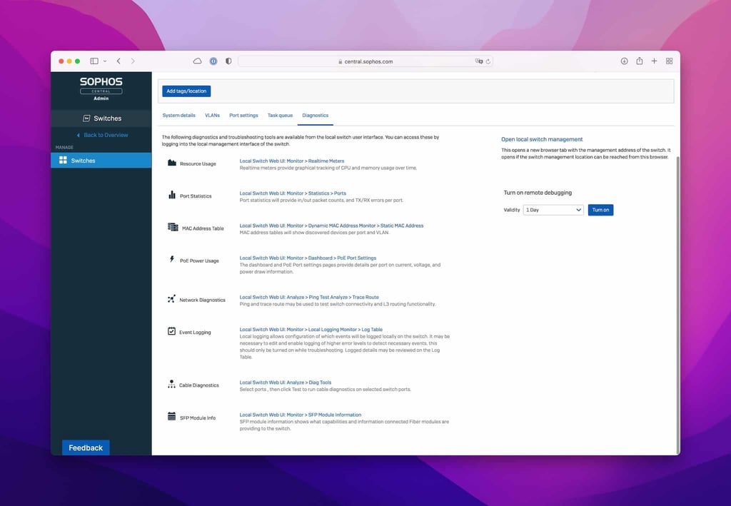 Sophos Switch gestion dans Central – diagnostics