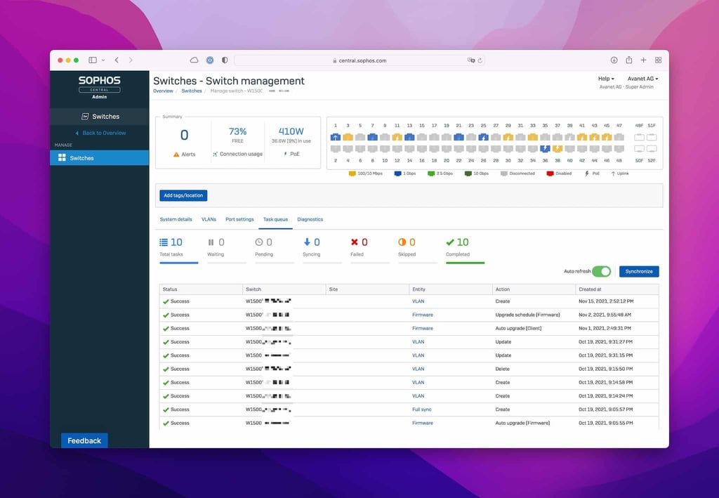 Sophos Switch file des tâches dans Central
