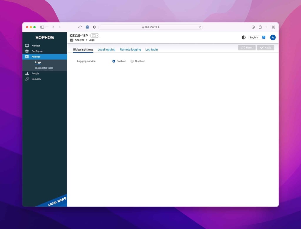 Vue d'analyse locale Sophos Switch