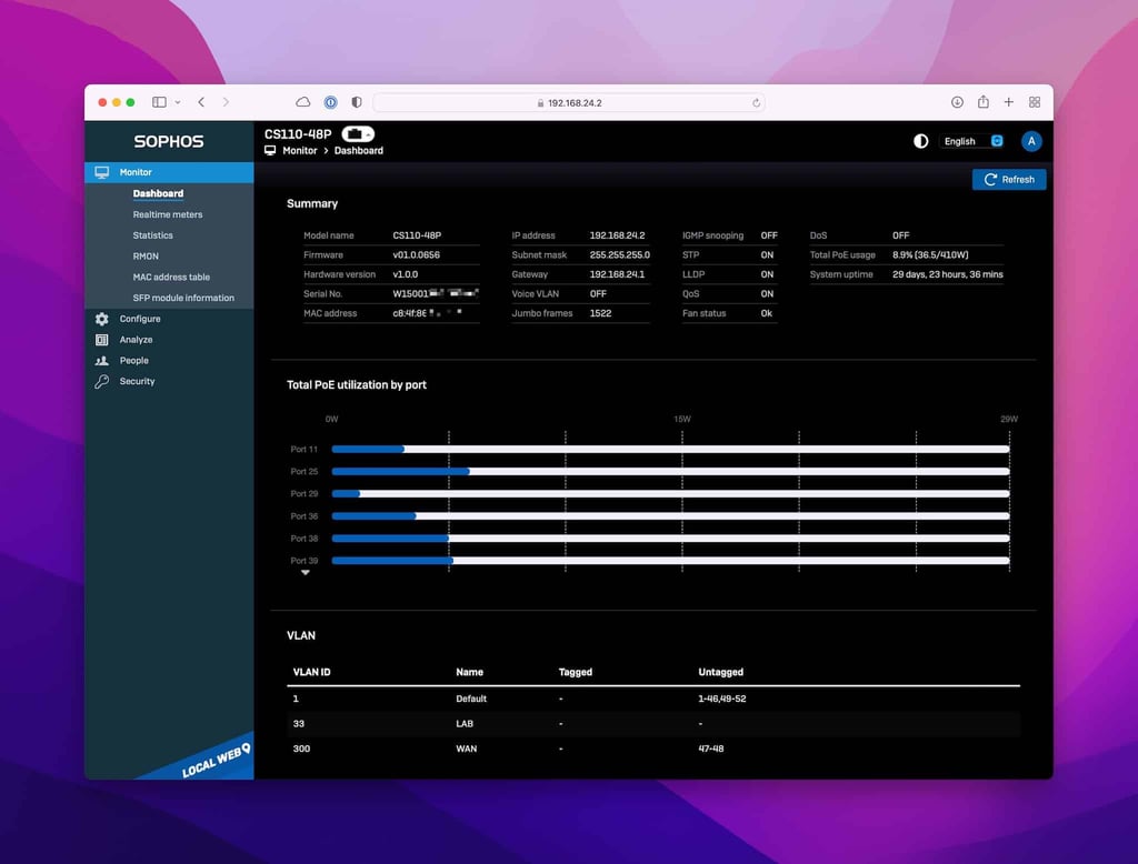Tableau de bord local Sophos Switch en mode sombre
