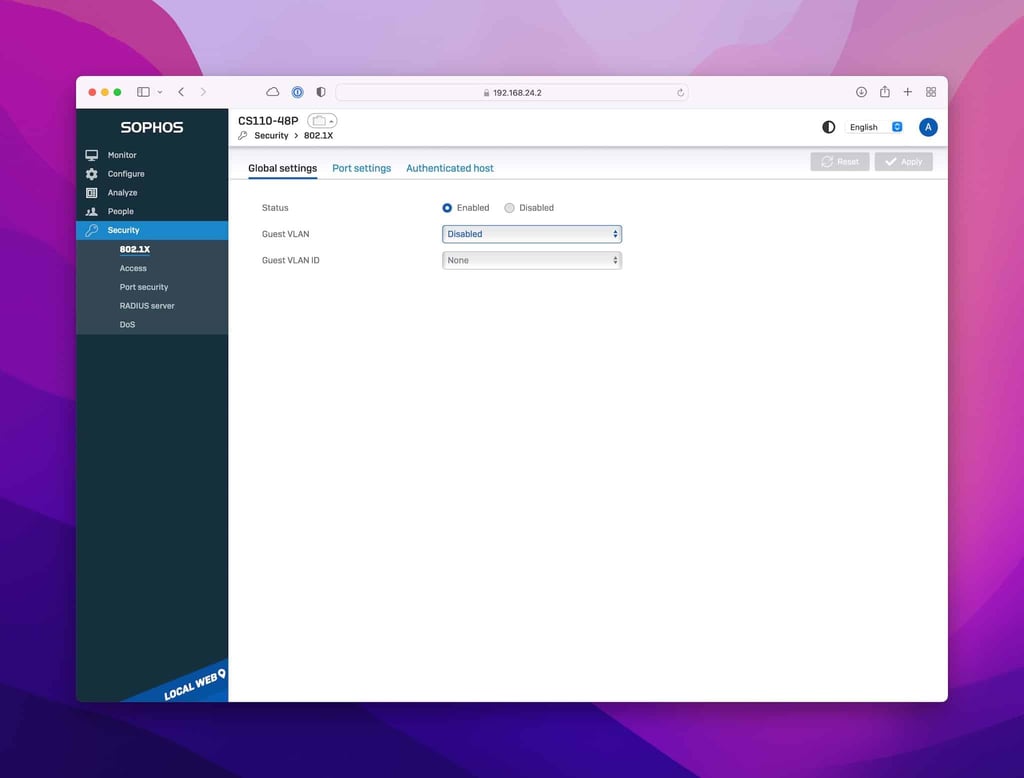 Sophos Switch paramètres de sécurité locaux