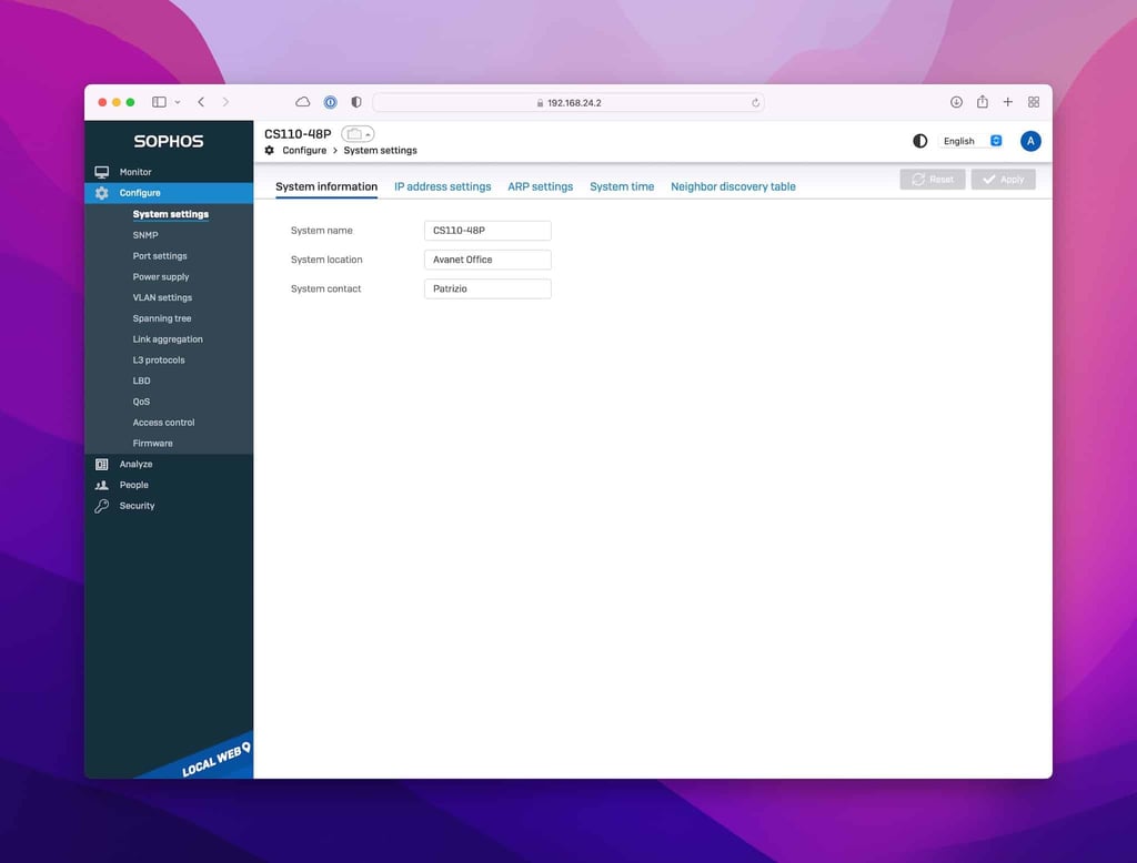Sophos Switch paramètres système locaux