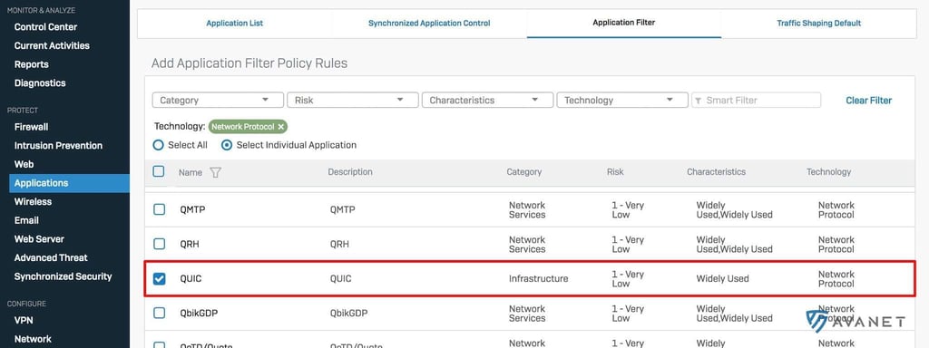 Sophos Firewall Application Control Filter with QUIC