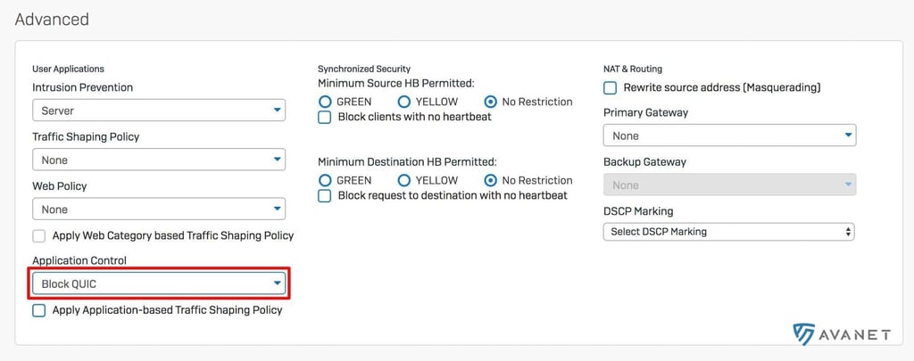 Sophos Firewall Firewall Rule with Application Control Filter for QUIC