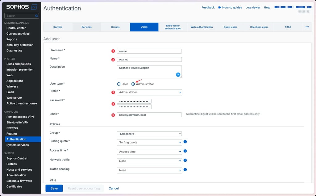 Sophos Firewall Benutzerdaten für Avanet Support erfassen