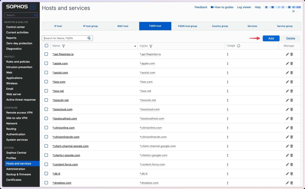 Sophos Firewall FQDN Host hinzufügen