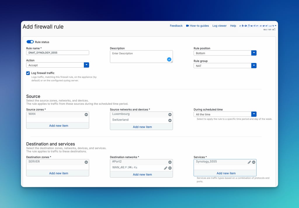 Sophos Firewall Add firewall rule corrispondente alla regola DNAT con origini WAN e SERVER di rete di destinazione