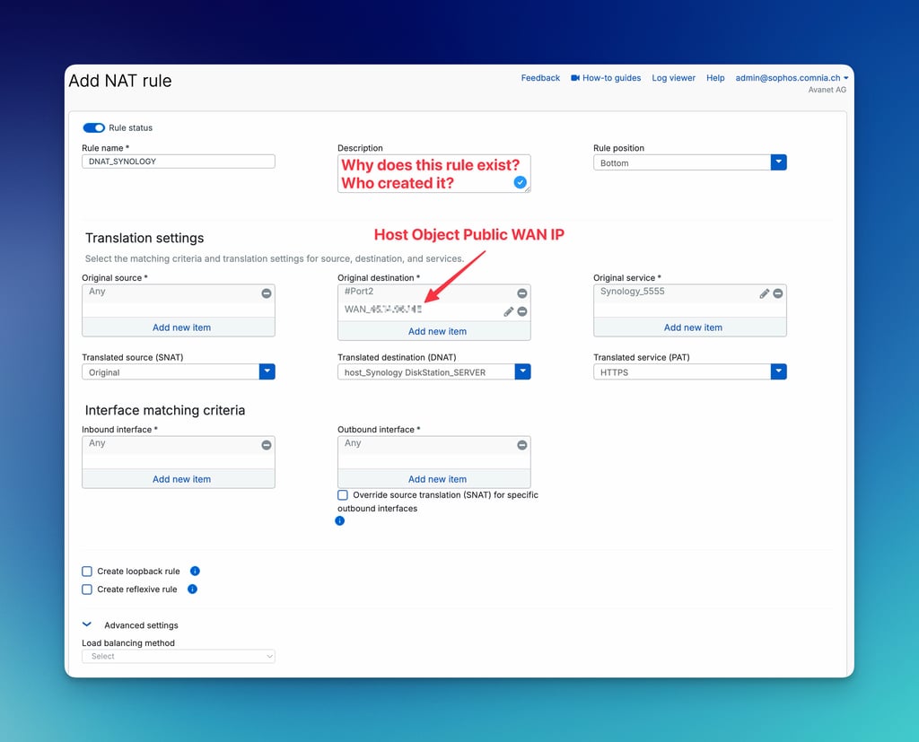 Sophos Firewall Add NAT rule con DNAT e PAT Esempio di servizio Synology
