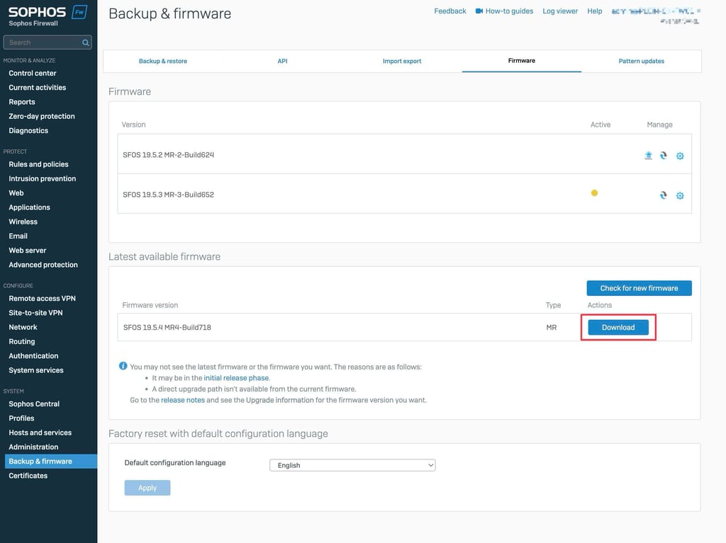 Download Sophos Firewall Firmware in WebAdmin