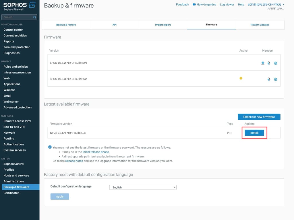 Install New Sophos Firewall Firmware Version