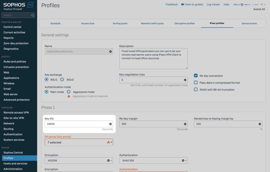 Profili IPsec di Sophos Firewall DefaultRemoteAccess Key Life