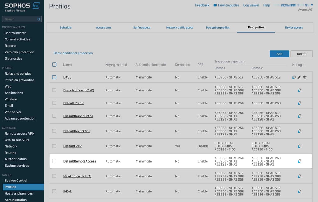 Profili IPsec di Sophos Firewall DefaultRemoteAccess