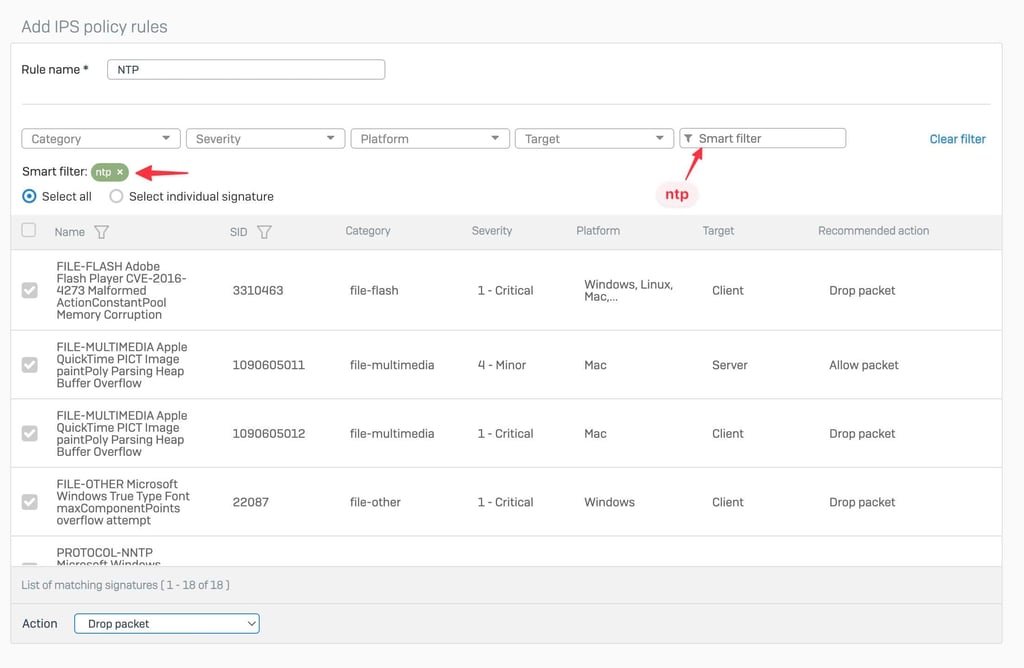 Sophos Firewall neue IPS-Regel für NTP hinzufügen