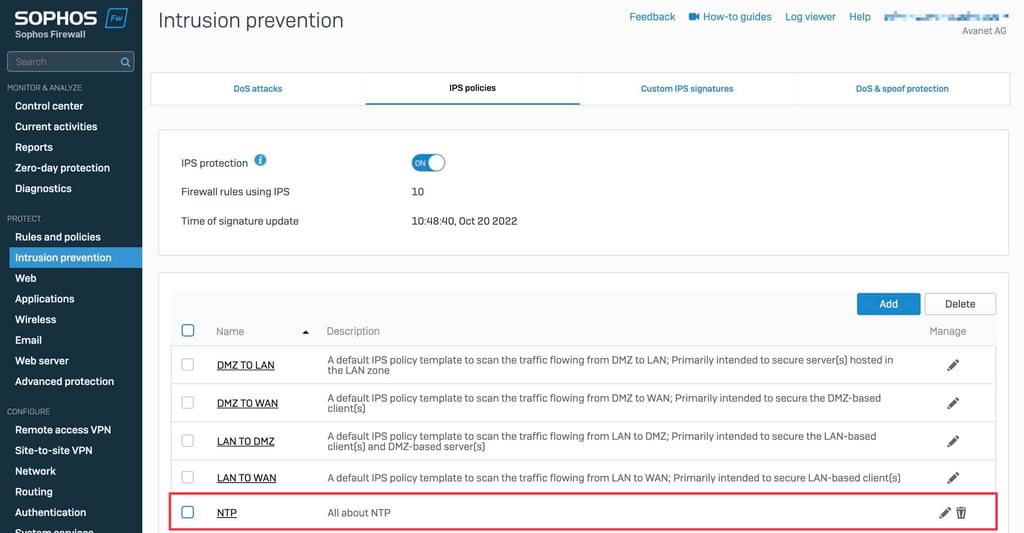 Sophos Firewall IPS-Regel für NTP-Traffic