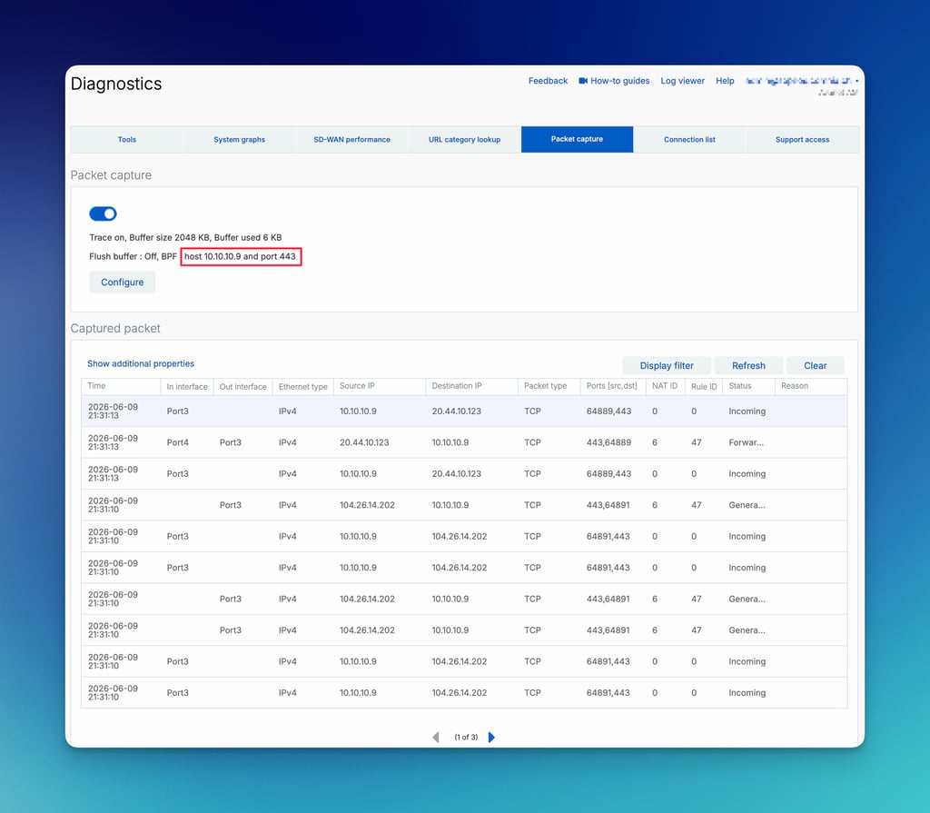 Elenco dei risultati di Sophos Firewall Packet Capture con filtro BPF attivo e pacchetti TCP catturati