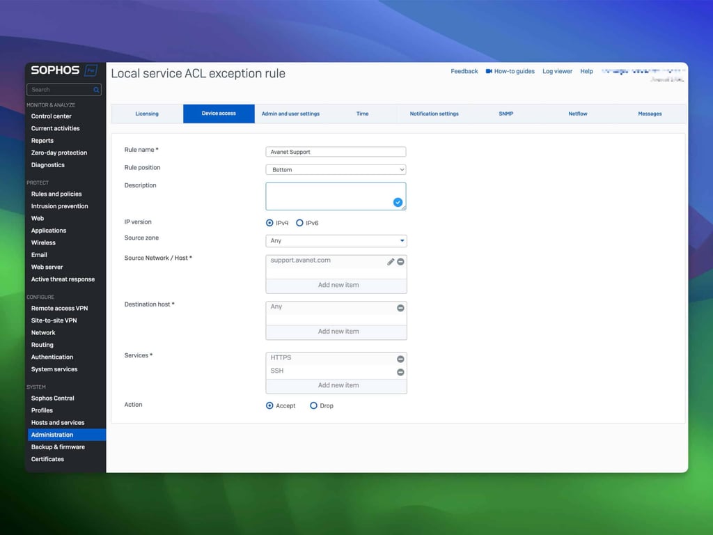 Sophos Firewall Local Service ACL Exception Rule für Avanet Support