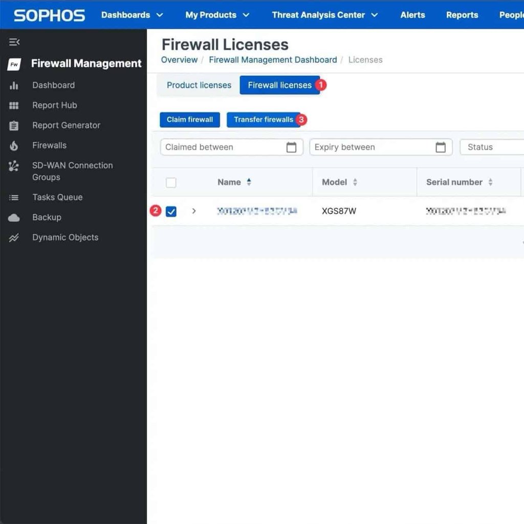 Sophos Central Firewall licenses con la acción Transfer firewalls