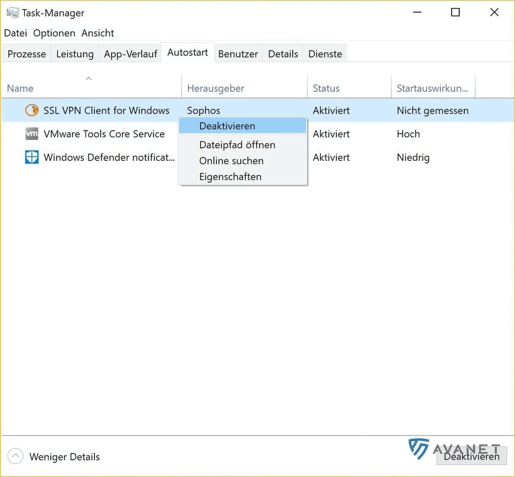 Inaktivera Sophos SSL VPN-klientens Autostart-post i Windows Task Manager