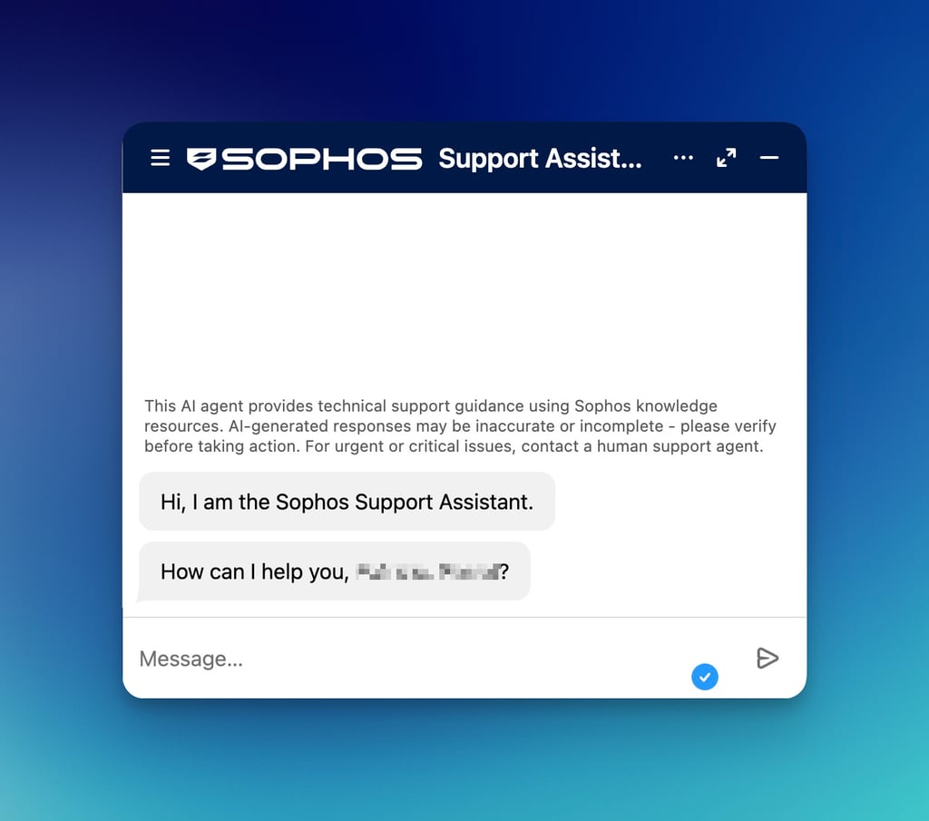 Geöffnetes Chatfenster des Sophos Support Assistant im Support Portal