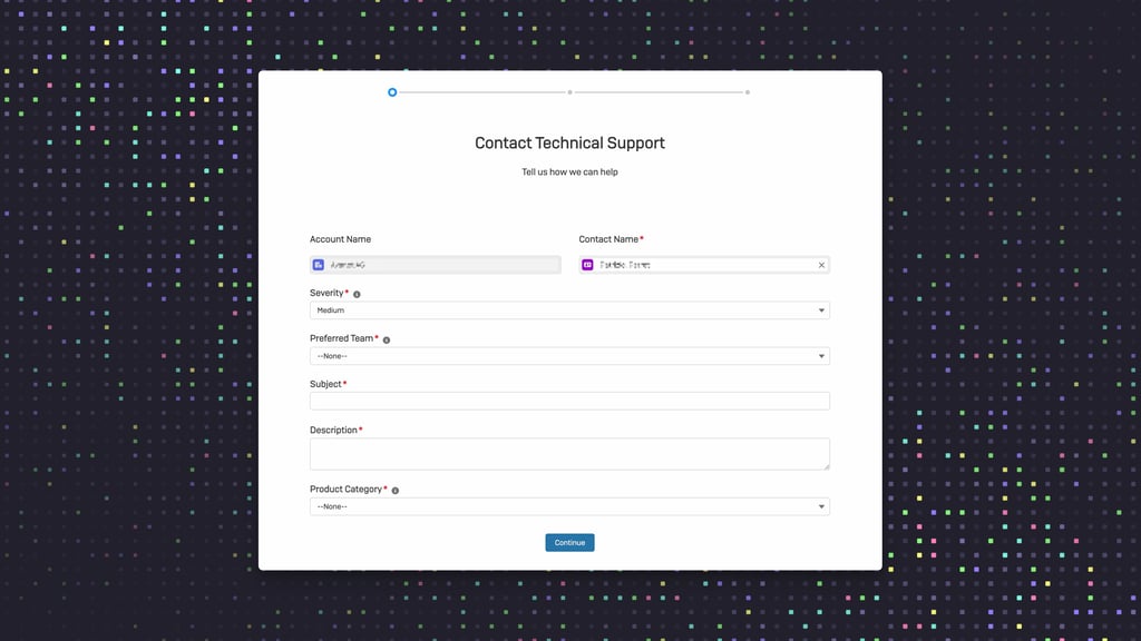 Sophos Support Portal form Contact Technical Support with account, contact, Severity, subject and product category