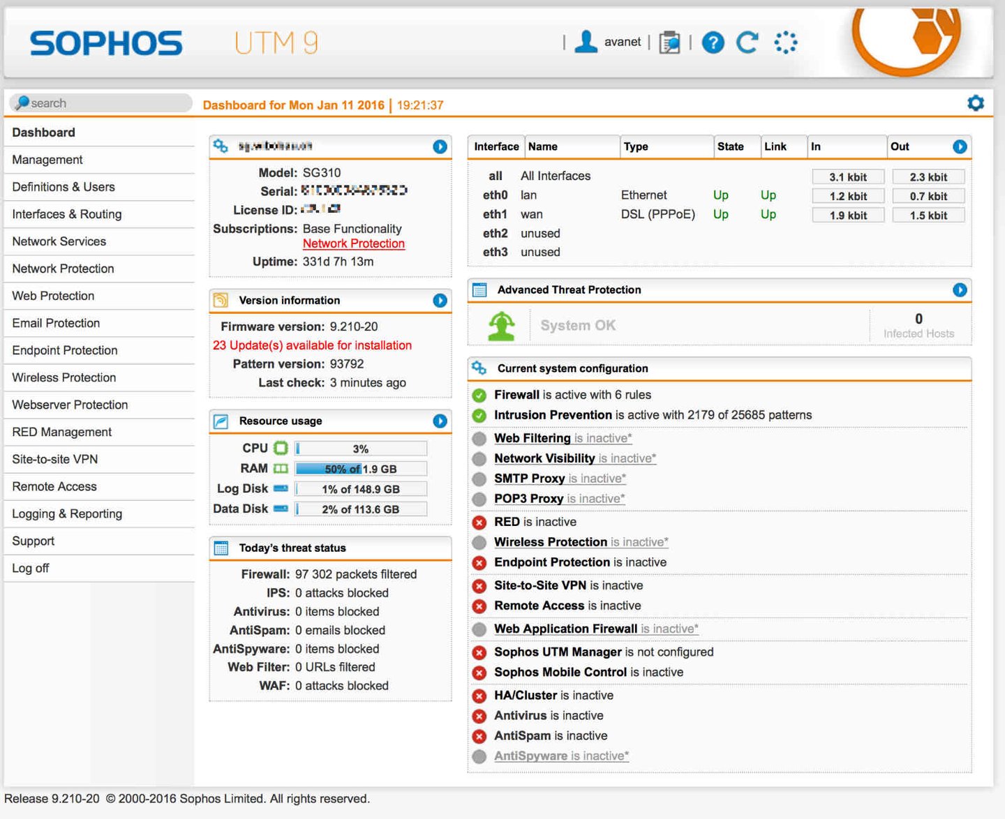 Sophos UTM 9 dashboard with many updates