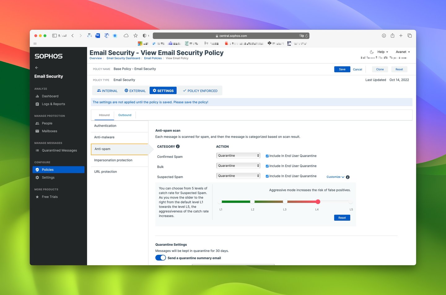 Sophos Central Email - Policy di sicurezza e-mail - Aggressive Mode