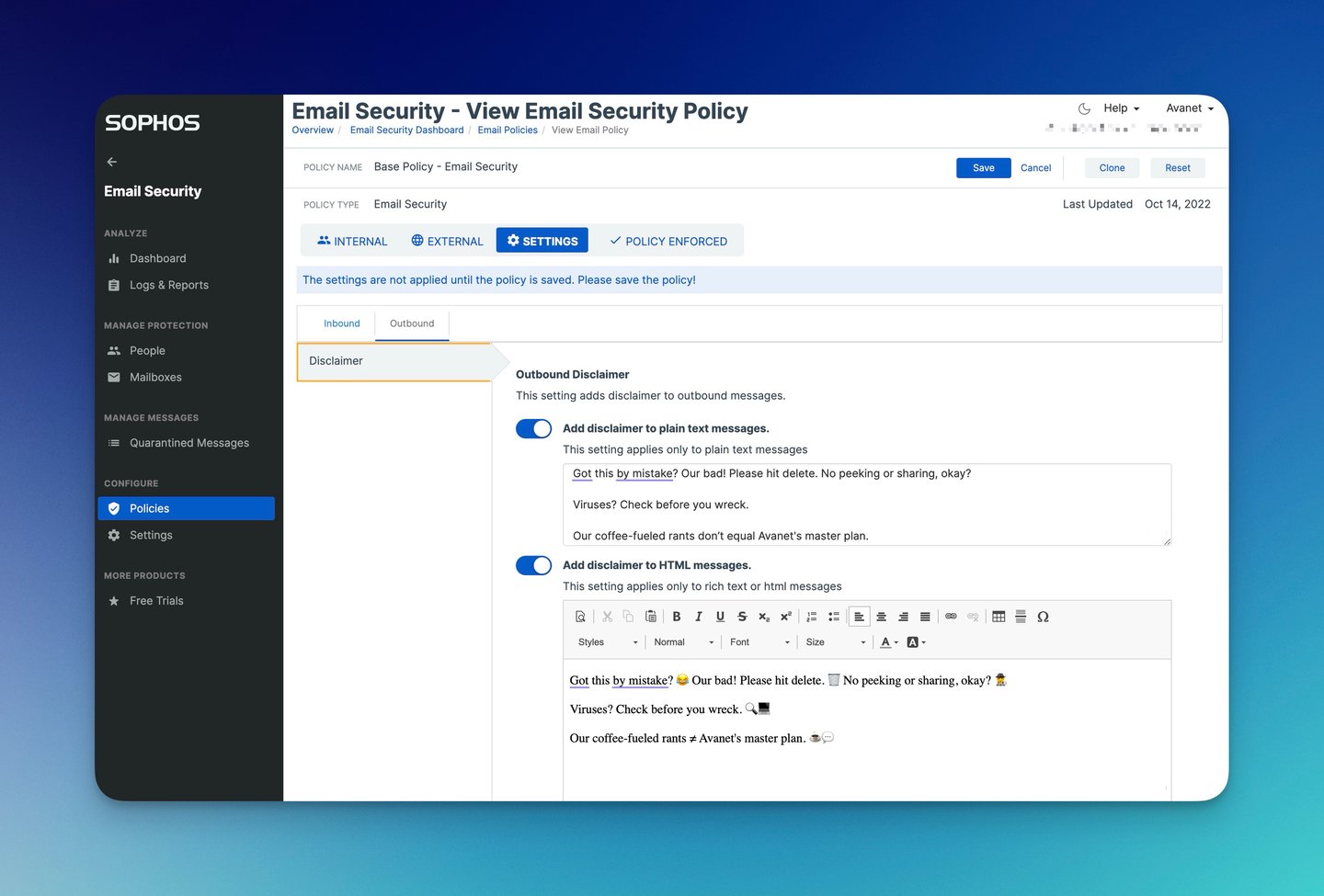 Sophos Central Email - Disclaimer e-mail in uscita
