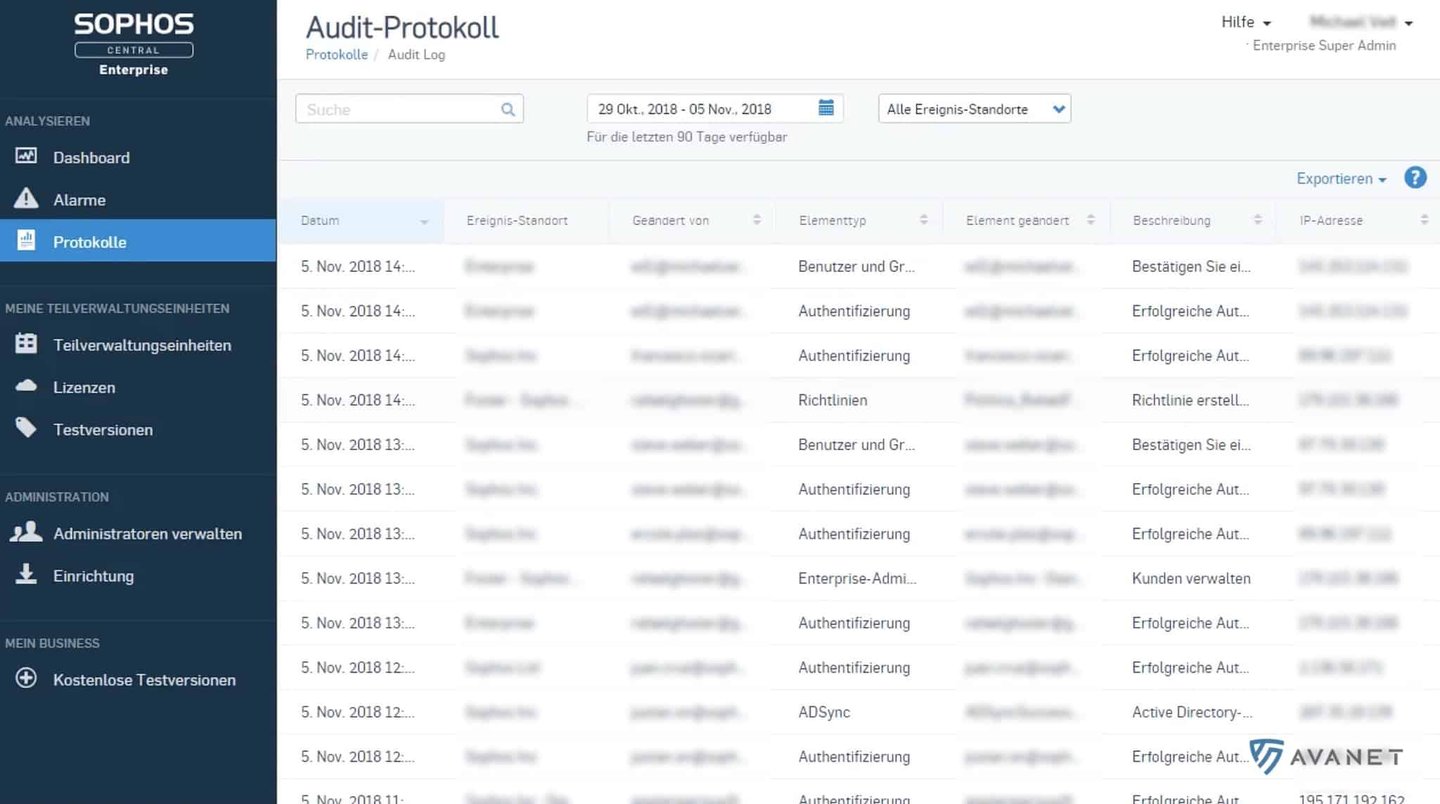 Sophos Central Enterprise Dashboard audit log