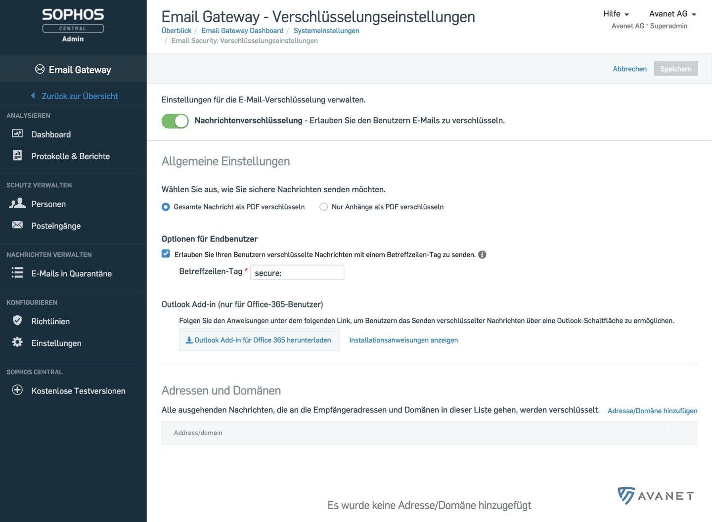 Inställningar för e-postgatewaykryptering