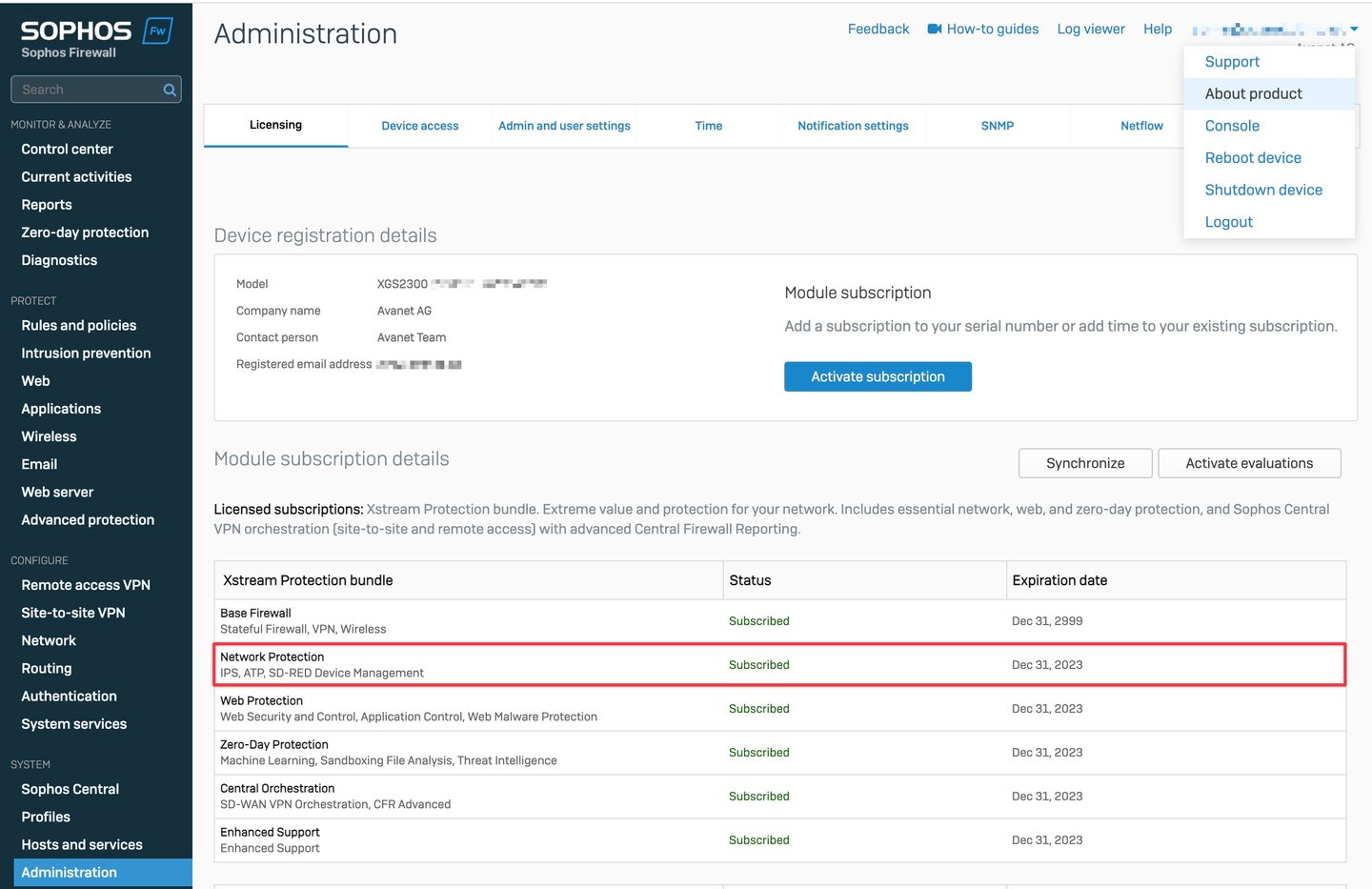 Page de licence Sophos Firewall - Statut de la protection réseau