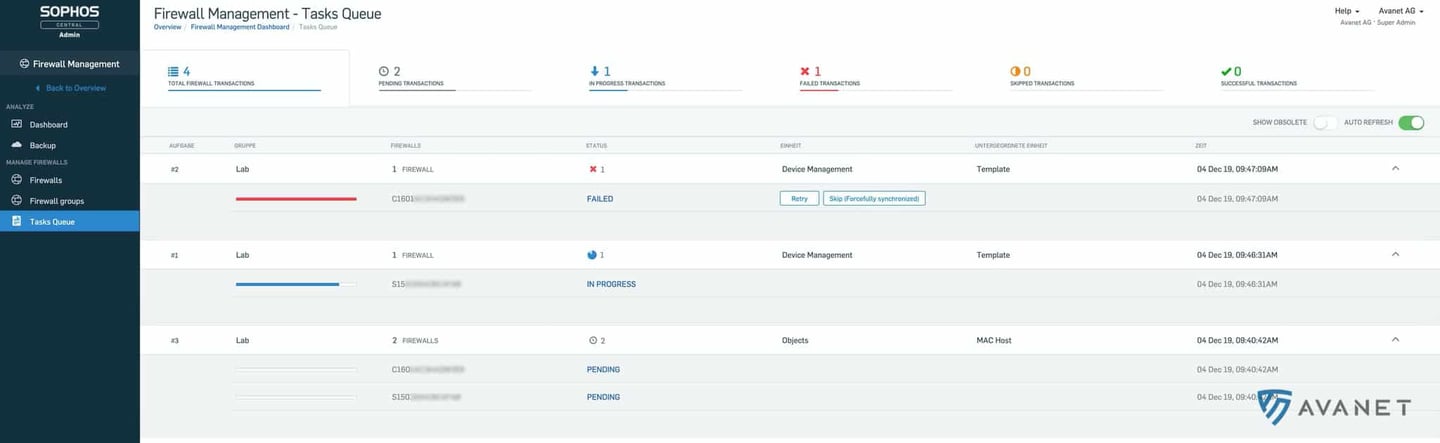 Sophos Central Firewall Management – firewall group task queue