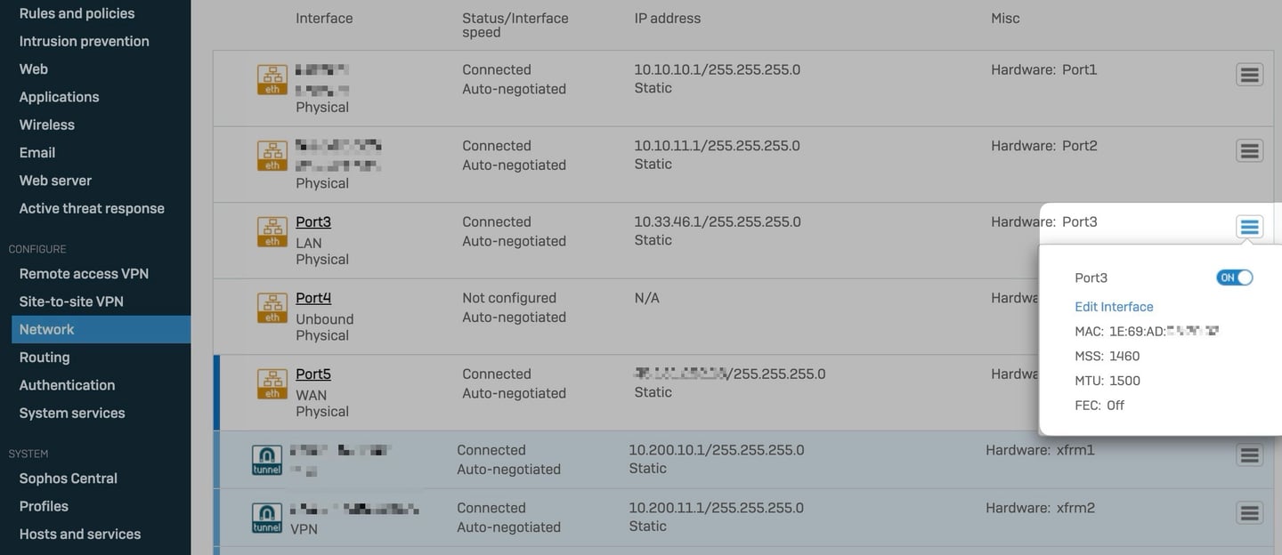 Sophos Firewall v20 Interfaccia on/off o toggle abilita/disabilita