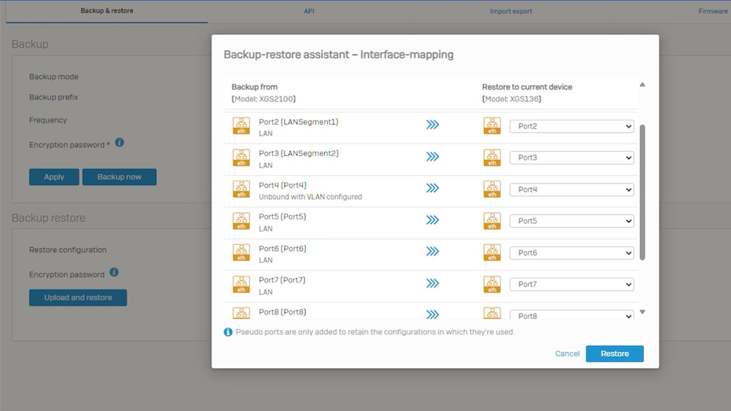 Sophos Firewall v20 MR2 - Mappage des interfaces de sauvegarde / restauration
