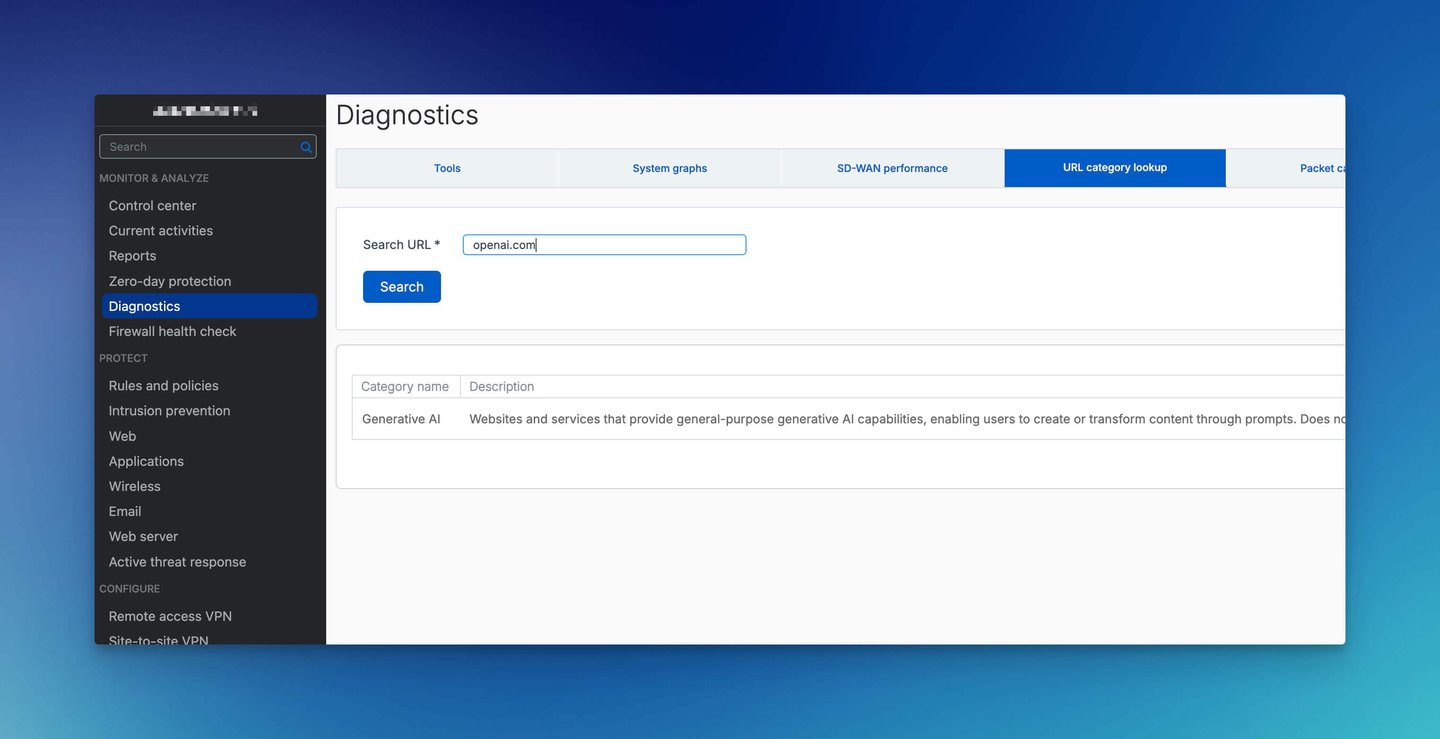 Sophos Firewall v23: URL category lookup przypisuje openai.com do kategorii Generative AI