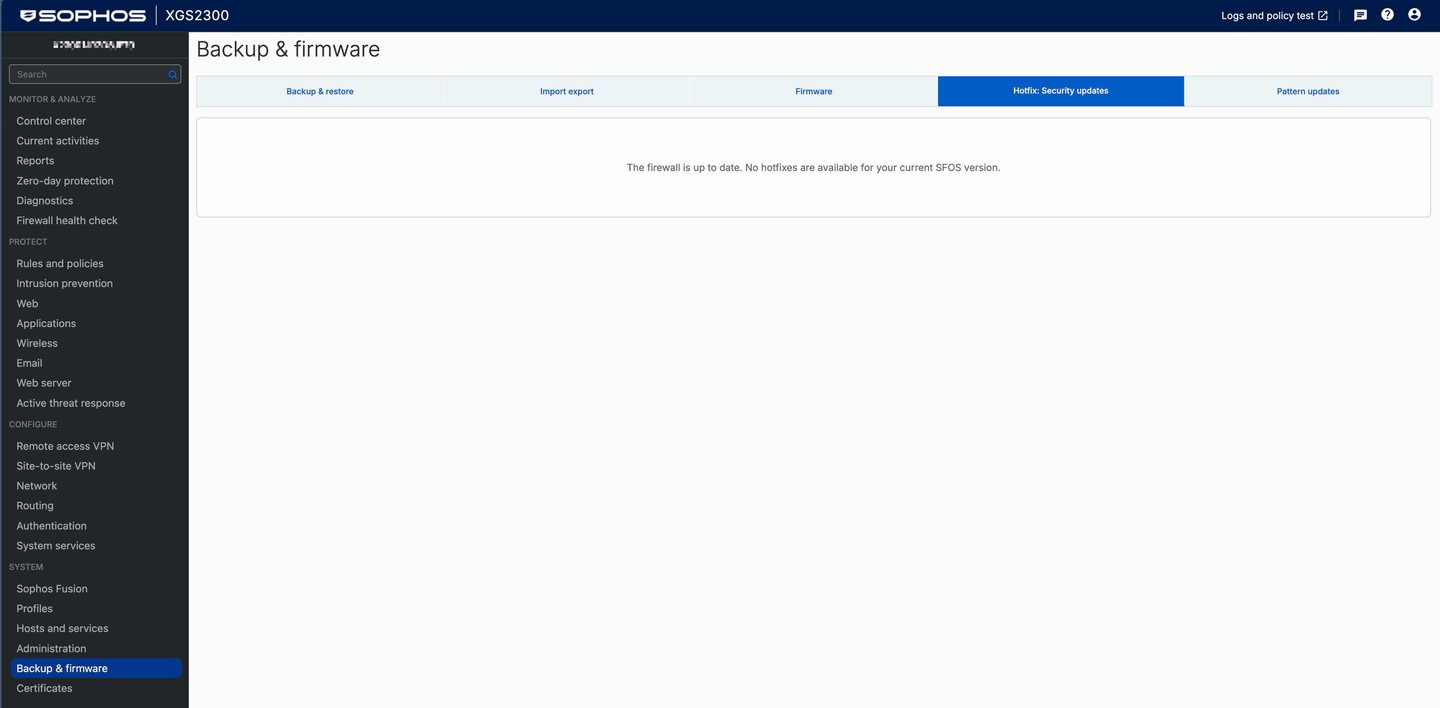 Sophos Firewall v23: karta Hotfix Security updates w Backup and firmware