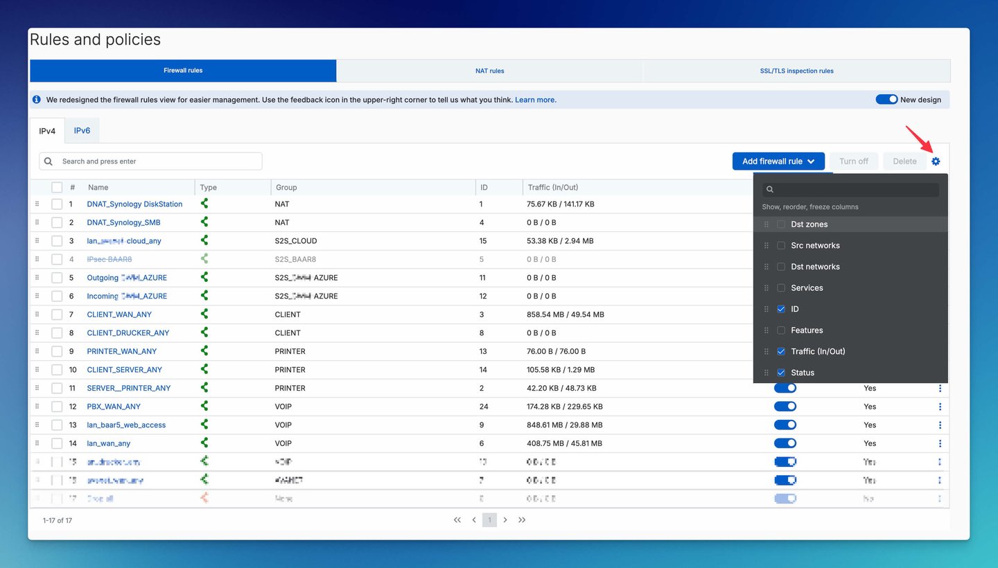 Sophos Firewall v23: wybór kolumn przez koło zębate w nowym widoku reguł