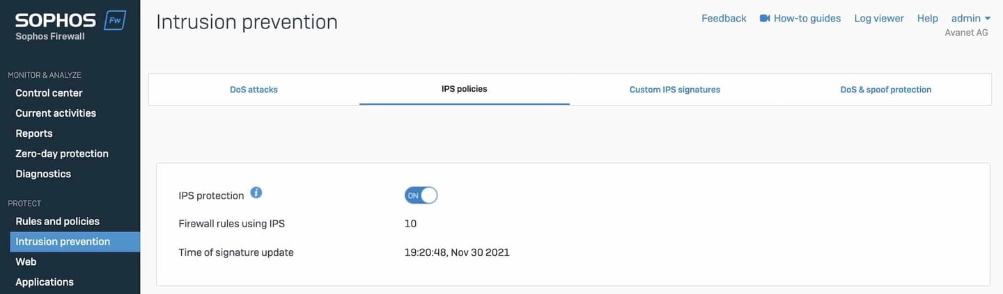 Conmutador IPS global en SFOS 18.5.2