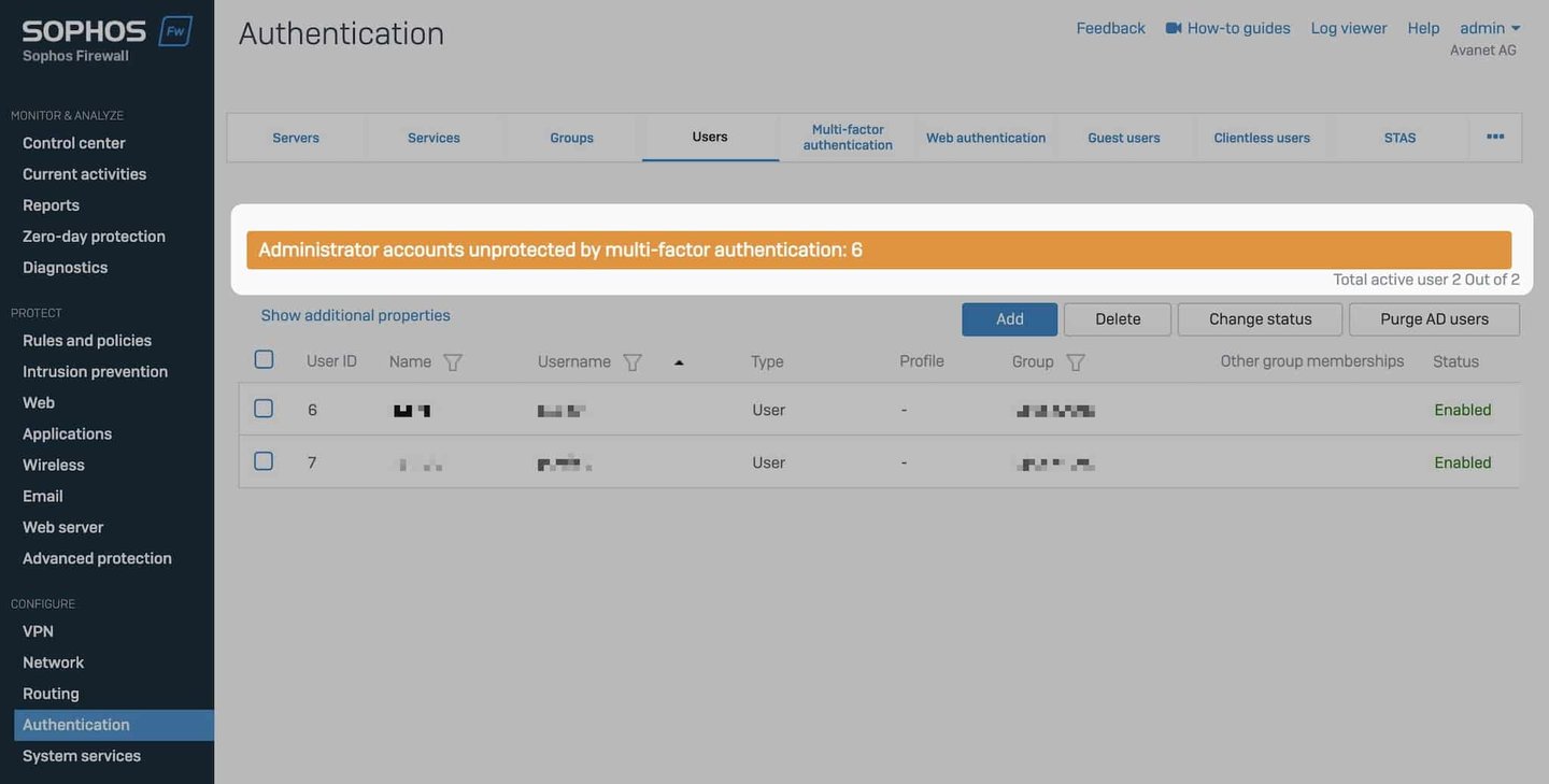 Notificación de MFA en SFOS 18.5.2