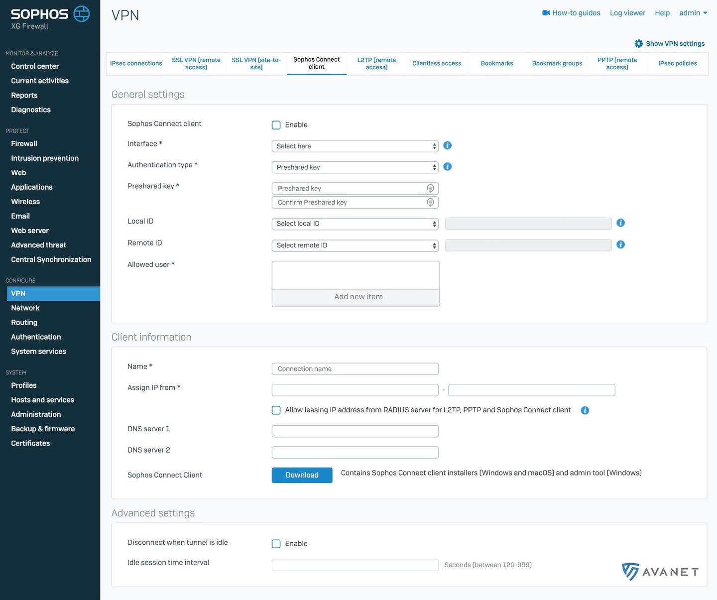 Sophos XG v17.5 - Sophos Connect IPsec VPN client admin settings