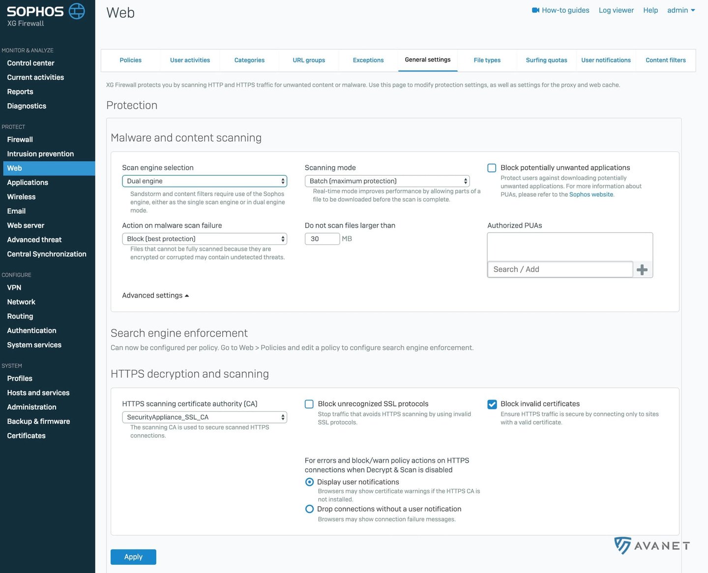 Sophos Firewall SFOS v17.5 - Web protection general settings