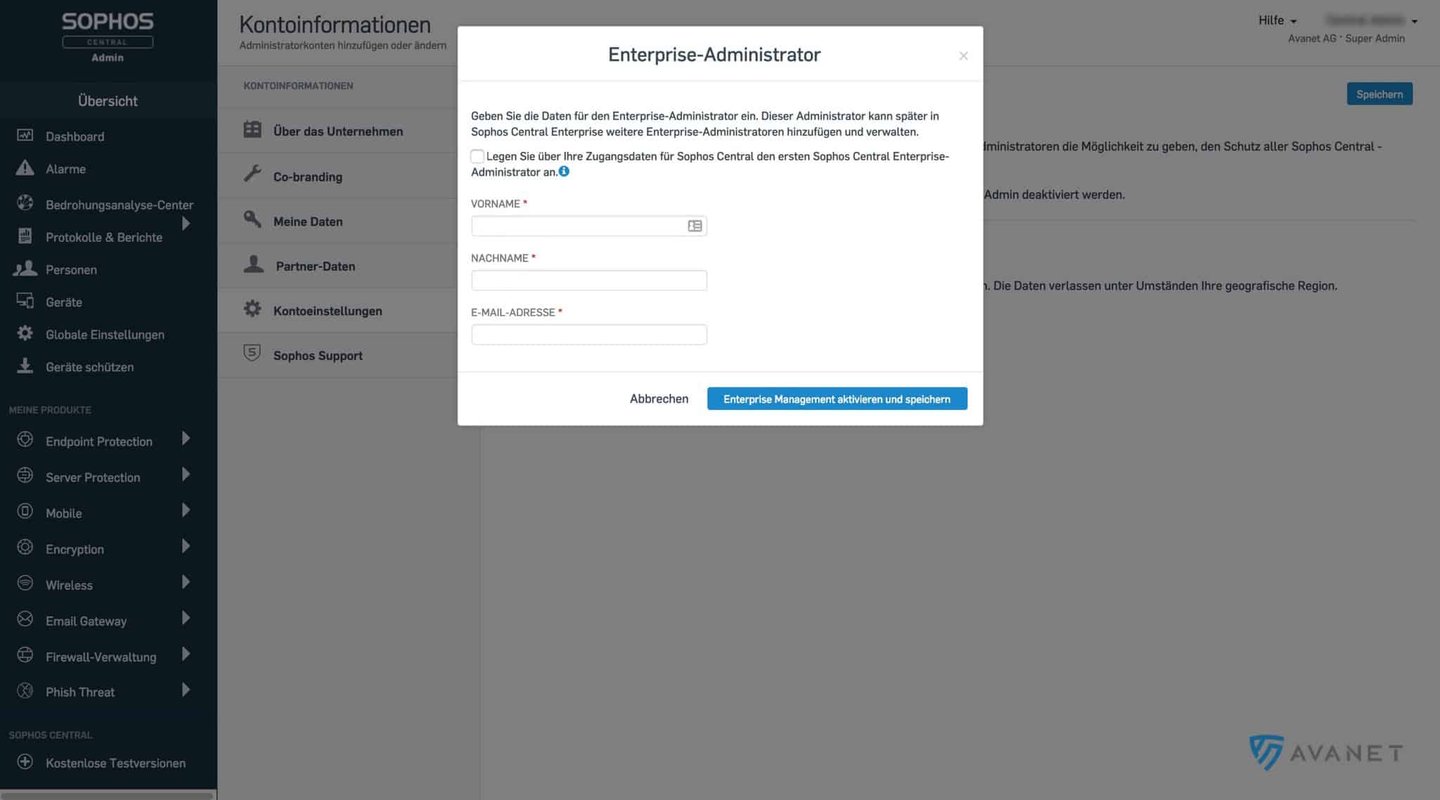 Gegevens voor de Sophos Central Enterprise Administrator invoeren