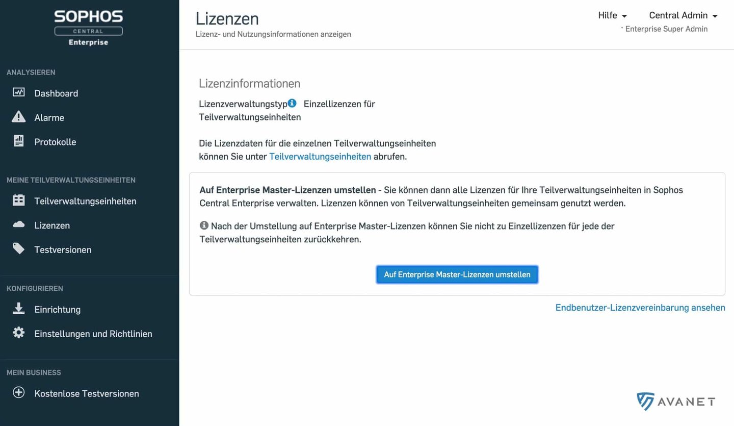 Sophos Central Enterprise Management activeren