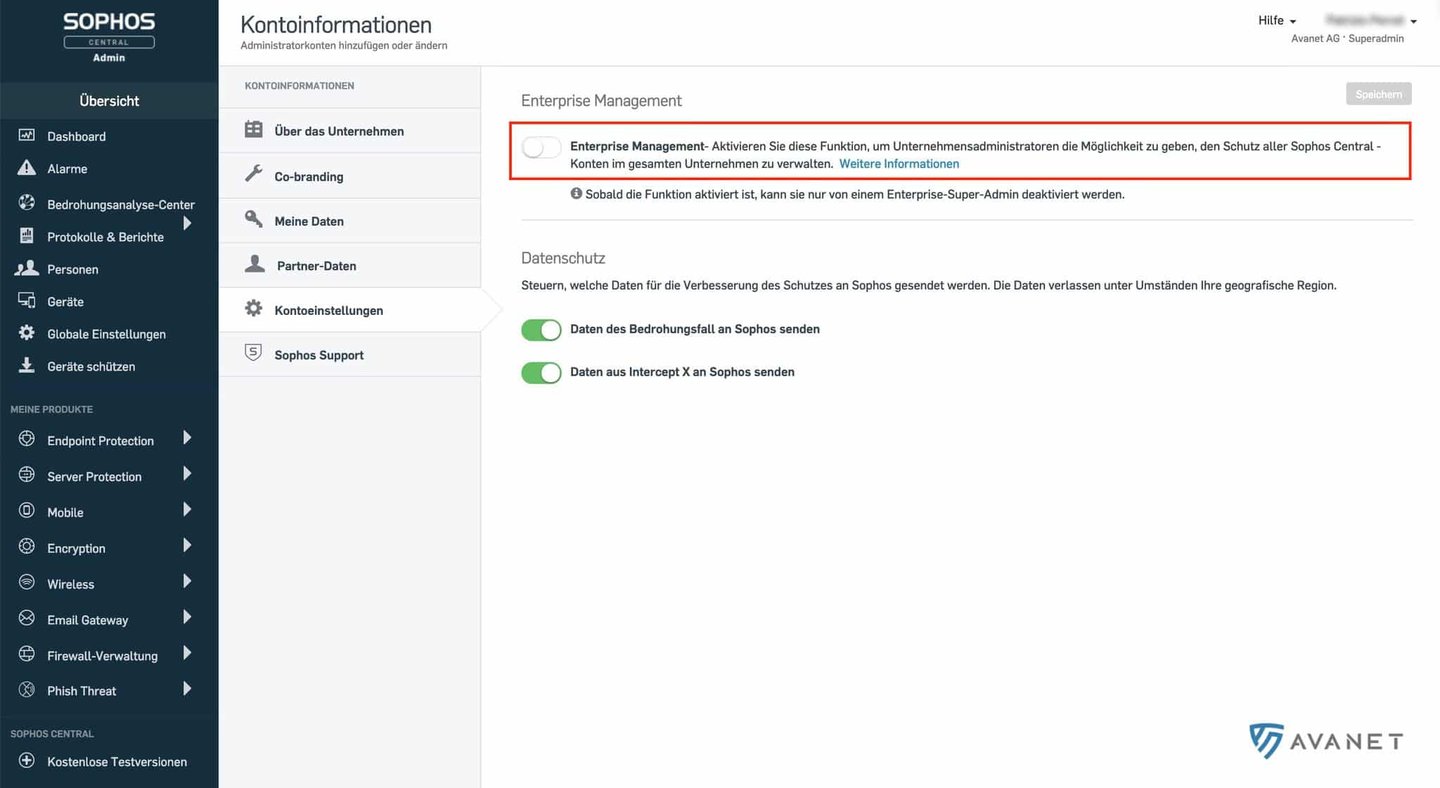 Sophos Central Enterprise Management activeren