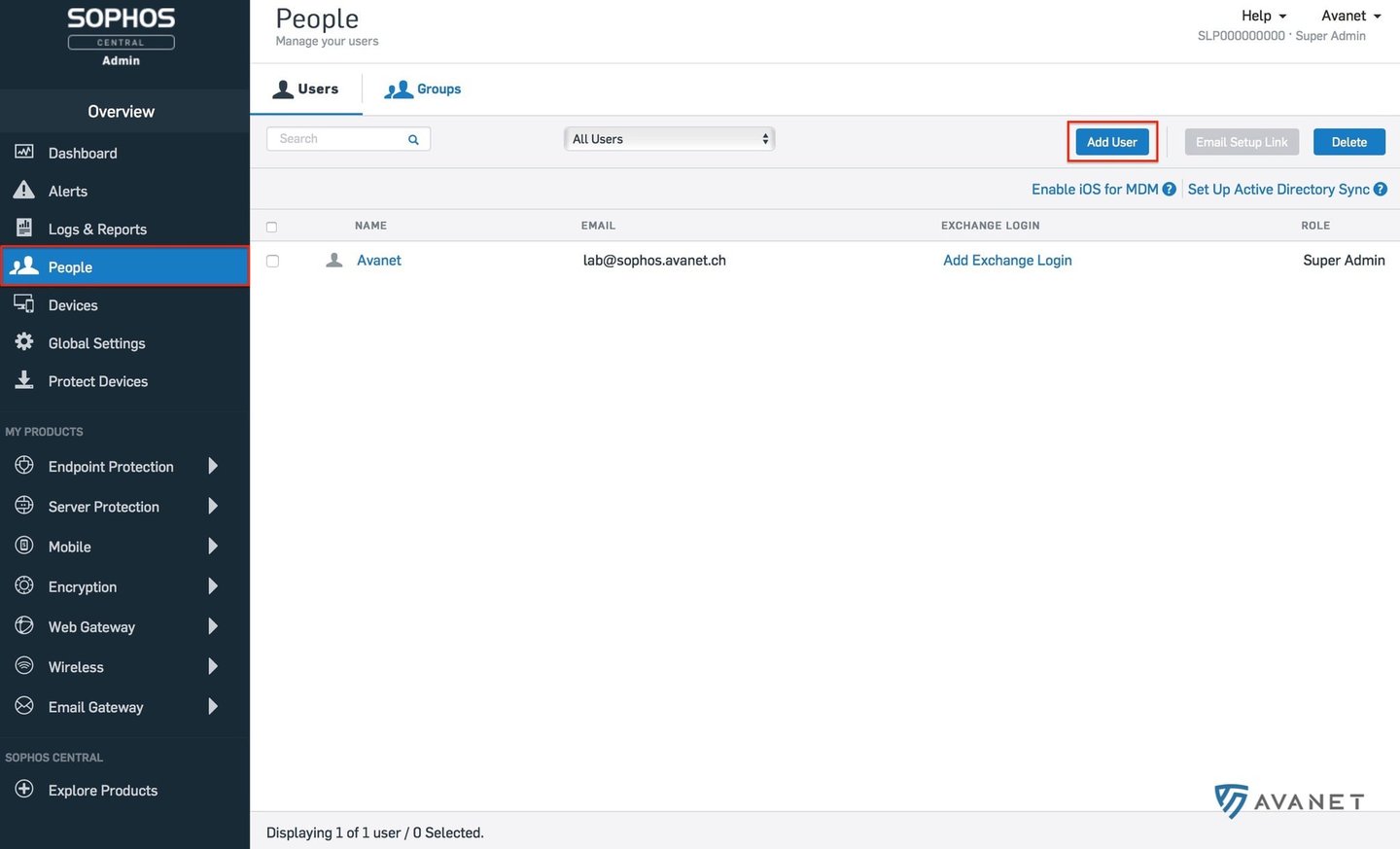 Visão geral de utilizadores no Sophos Central