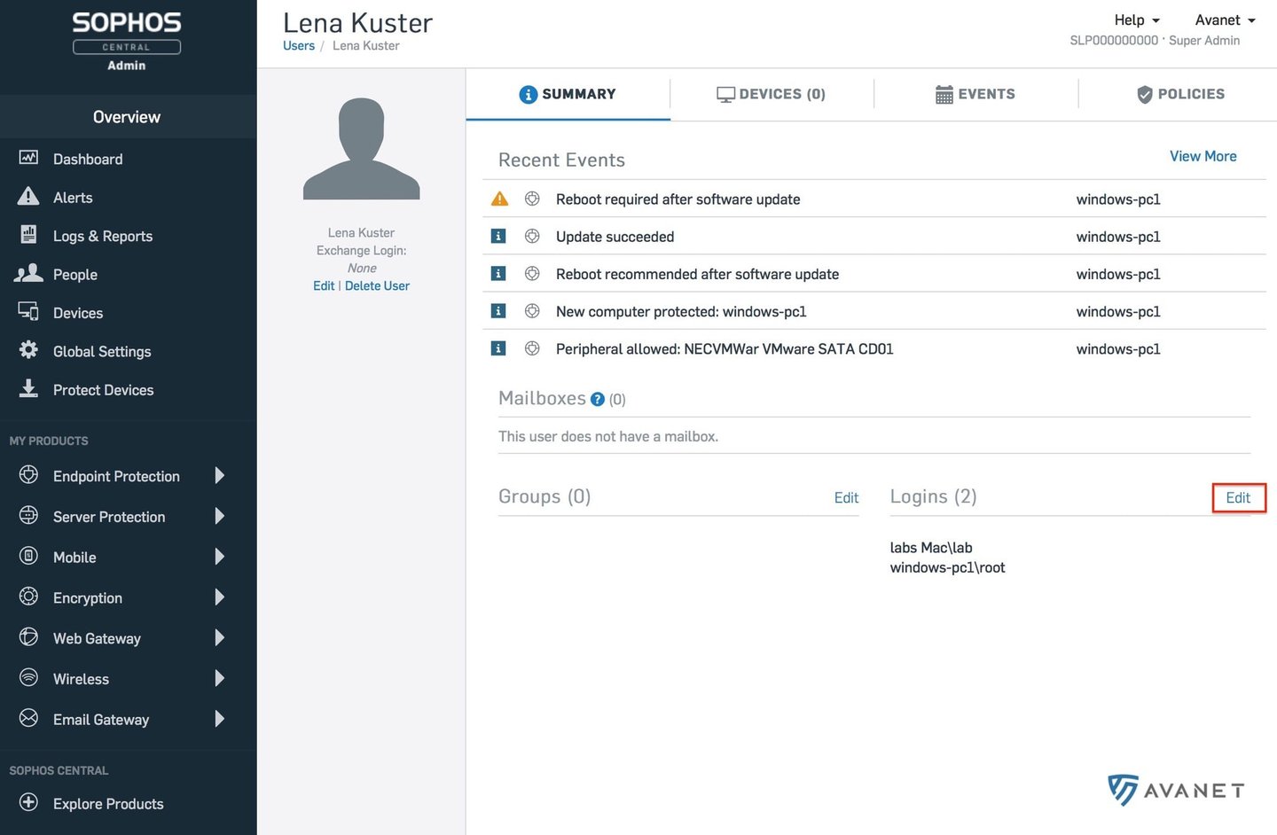 Sophos Central-gebruiker - logins bewerken