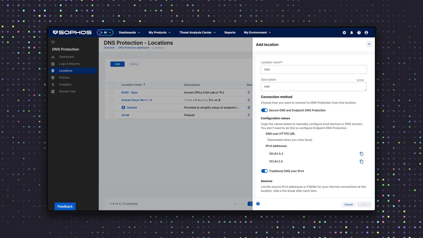 Sophos Central DNS Protection Locations mit Add location Dialog