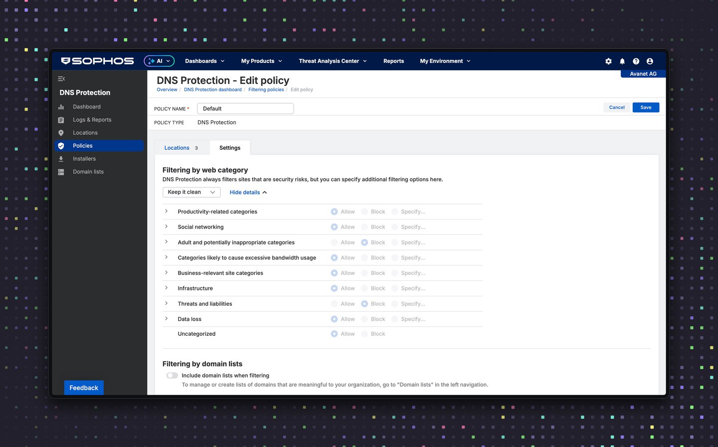 Sophos Central DNS Protection Filtering Policy mit Web-Kategorien
